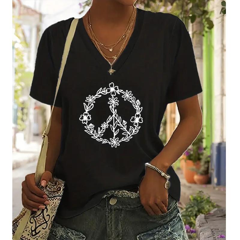 Mode Kranz Malerei Blusen Kurzarm V-Ausschnitt T-Shirts Lässig