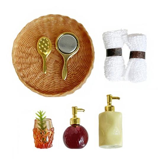 1 Set Miniature Bathroom Supplies, 1:12 Scale Mini Bathroom Accessories, Realistic Shampoo Bottles Towels Combs Mirrors for Doll Mansion Bathroom Sink