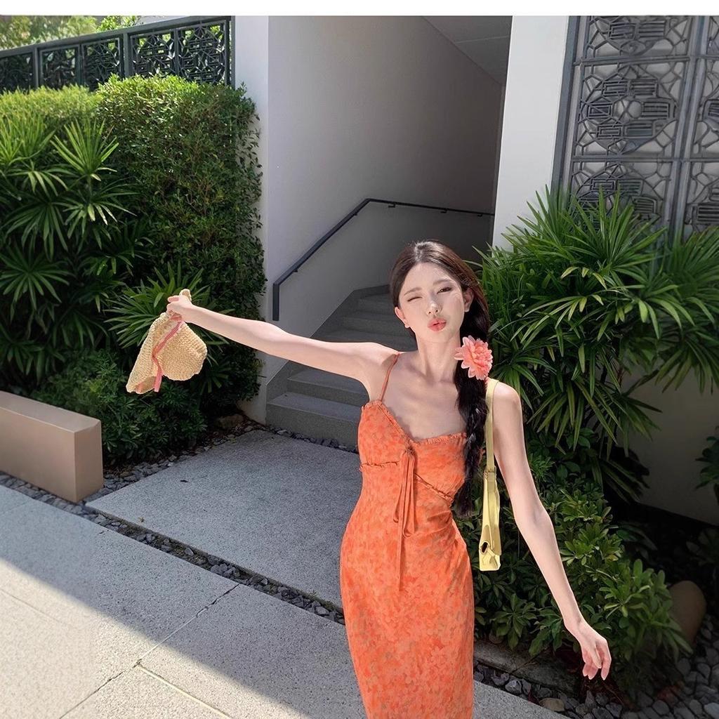 Sanya Travel Wear Orange Floral Suspender Backless Dress Women Thin Seaside Vacation Photo Beach Dress