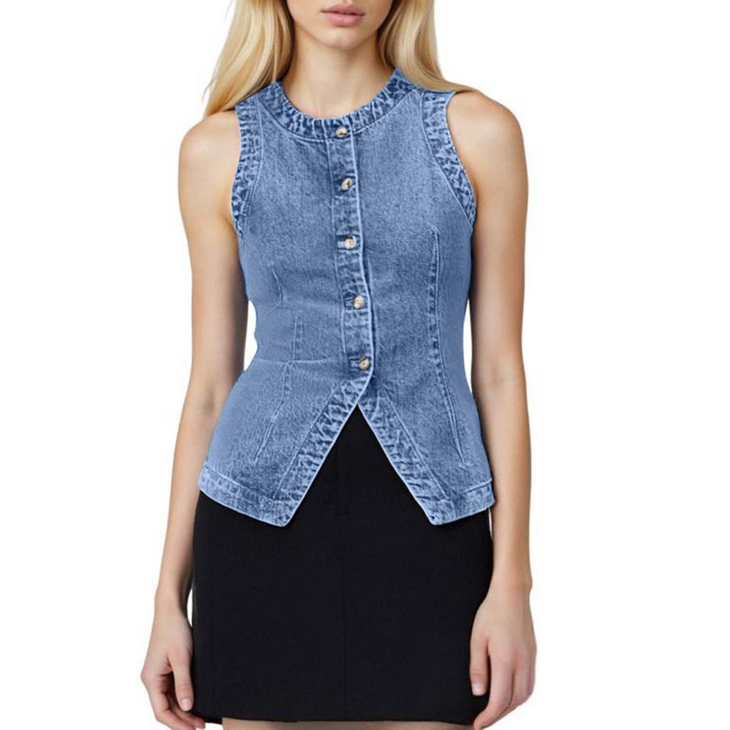 Women's Fashion Sleeveless Slim Slimming Denim Vest Round Collar Shoulder Vest Top