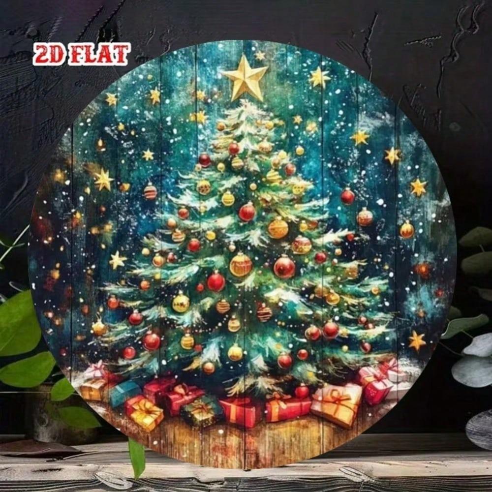 Vintage Round Metal Tin Sign Christmas Tree With Gifts Home Wall Art Decor 20cm