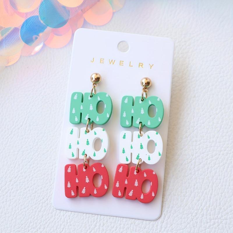 Christmas acrylic imitation soft pottery paint earrings personalized letters Christmas tree print earrings holiday earrings female