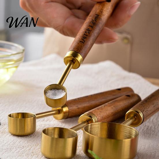 Durable Baking Tools 4Pcs Gold-Plated Stainless Steel Measuring Spoons & Cups Set, Precision with Kitchen Spoon Set Wood Handle, Nested Food Grade Kit