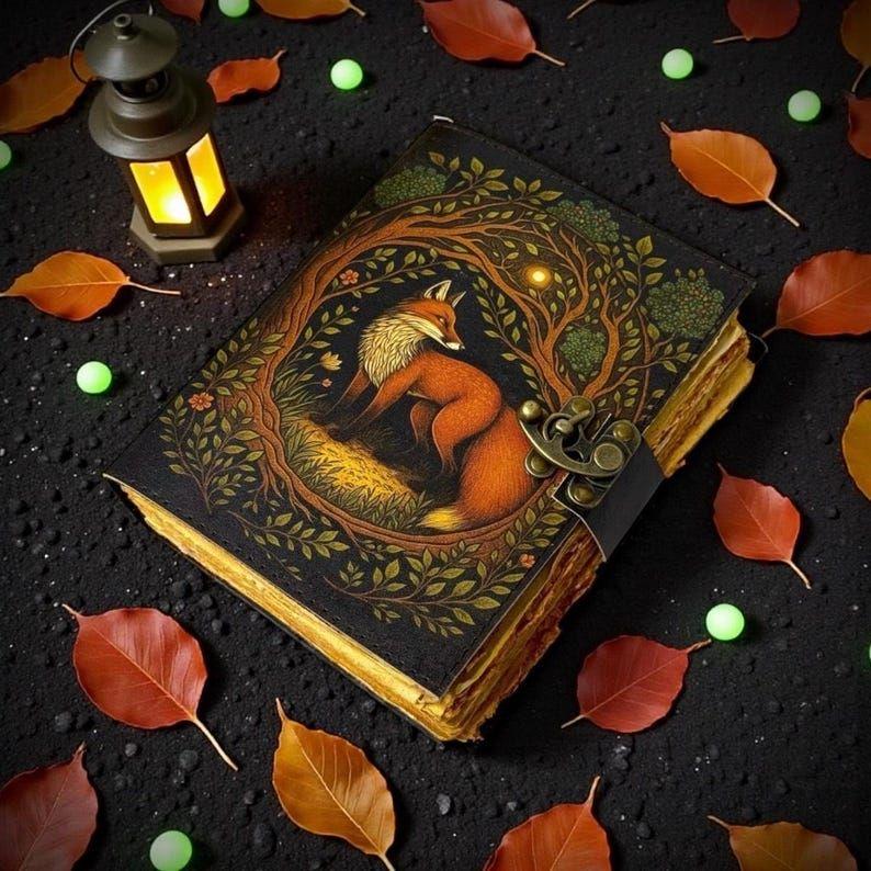 200 -Page Fox Leather Grimoire | Handmade Spell Book of Shadows, Vintage Deckle Paper Journal, Unique Fox Gift for Him and Her