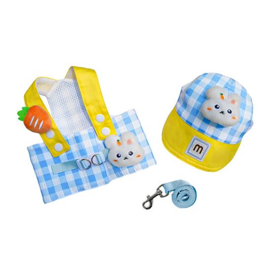 Puppy Summer 3 Piece Outfit Set Adjustable Pet Sun Hat Harness And Leash Set with Cartoon Plush Decor for Cats And Small Medium Dogs