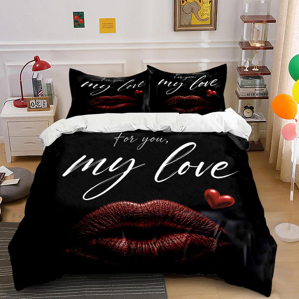 Elegant Red Lips Love Design Bedding Duvet Cover Set Duvet Cover Pillowcases (1*Duvet Cover 2*Pillowcases, without duvet insert)