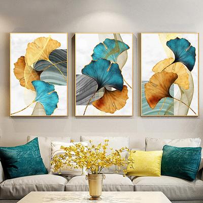 Affiche en toile avec feuille de plante et de fleur, bleu, vert, jaune, or, peinture murale abstraite nordique imprimée, décor de salon moderne, photos