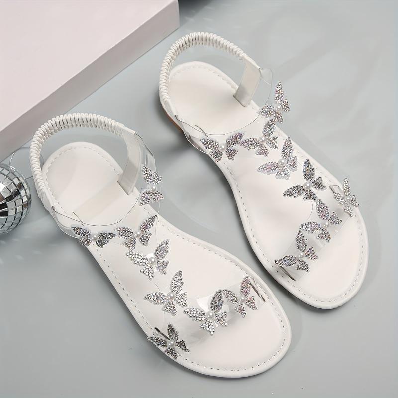 Elegant Rhinestone Butterfly Women's Sandals - Transparent Elastic Straps, Flat Comfortable PVC & Rubber Summer Beach Shoes for Outdoor Vacations