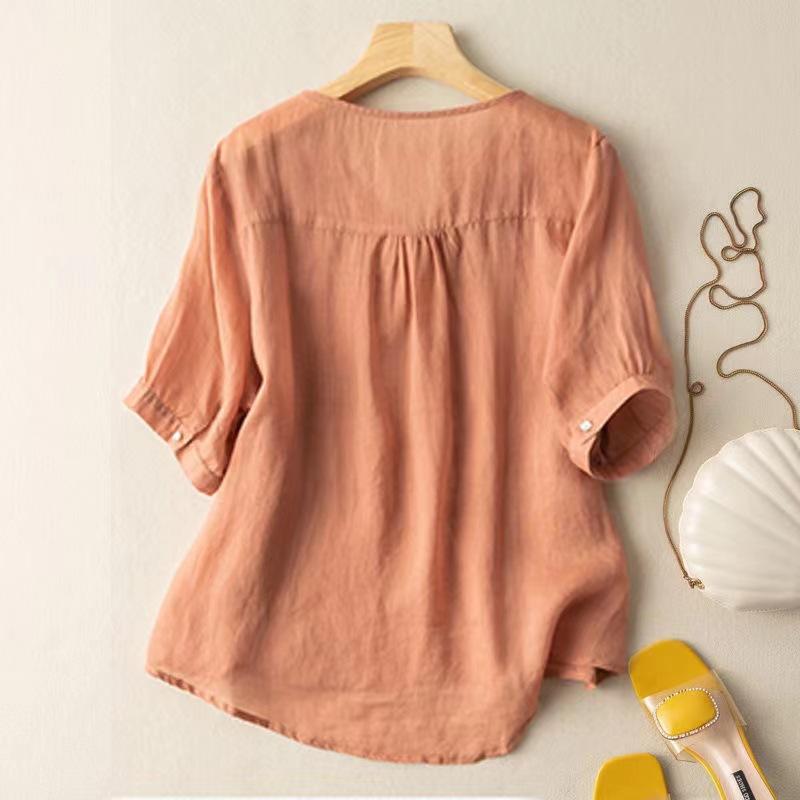 Cotton Linen Short Sleeved T-shirt Summer Outfit V-neck Embroidered Loose Thin Fit Slimming Plus Size Women's Clothing