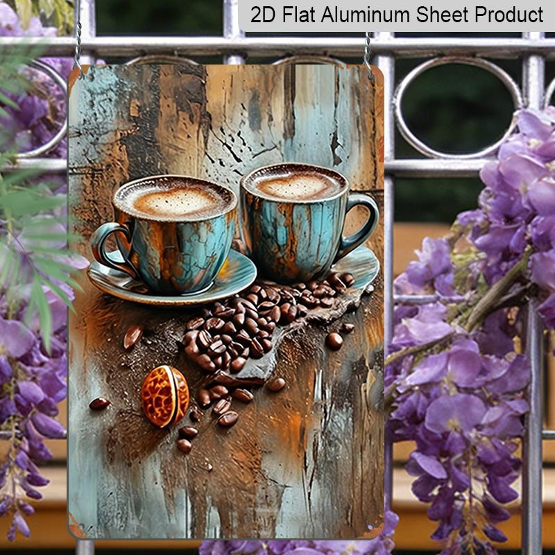 2D Flat Vintage Coffee Cup and Coffee Beans Metal Wall Art - 8x12 Inch Rustic Decor, Durable Aluminium Sign, Suitable for Home, Kitchen, Bar, Garden