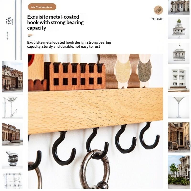 Nordic Style Solid Wood Key Hook Rack Punch Free Wall Mount Holds Keys Coats Towels for Bedroom Entryway Decor