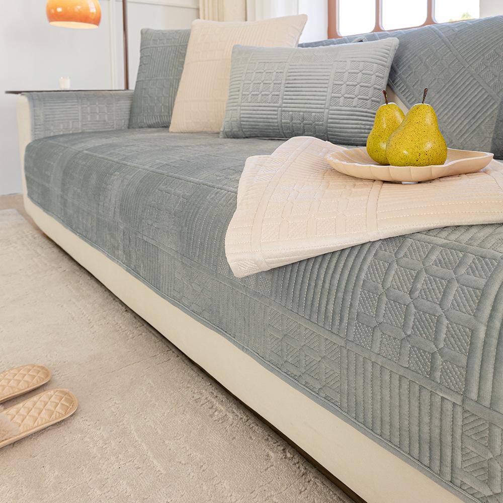 Nordic Simple Solid Color Modern Plush Sofa Cushion Four Seasons Universal Embroidery Non-Slip Seat Cushion Dutch Velvet Sofa Cover Towel