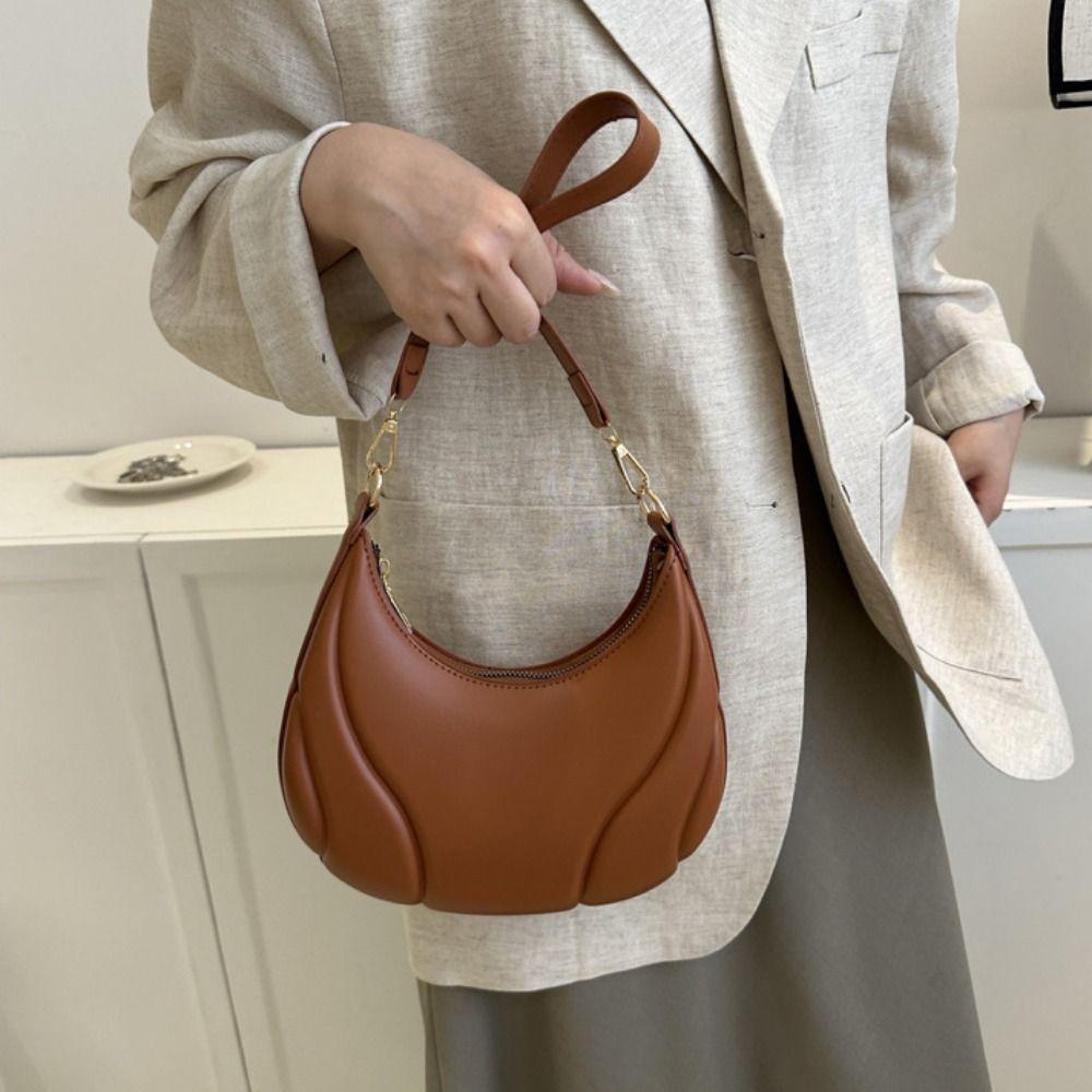 Casual Pu Leather Handbag Tote Underarm Bag Fashionable Crescent Bag Lady