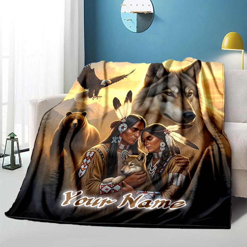 1PC Custom Name Native American Spirit Flannel Blanket Versatile,all-season Throw Suitable for the Living Room,bedroom,camping,travel,and Gift