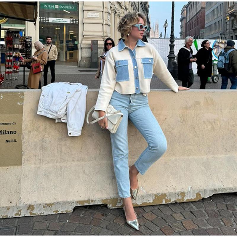 Y2k Women Denim Patchwork Jacket Coat Lapel Long Sleeves Jackets with Pockets Spring Casual Lady Denim Coats Designer Outwear Top