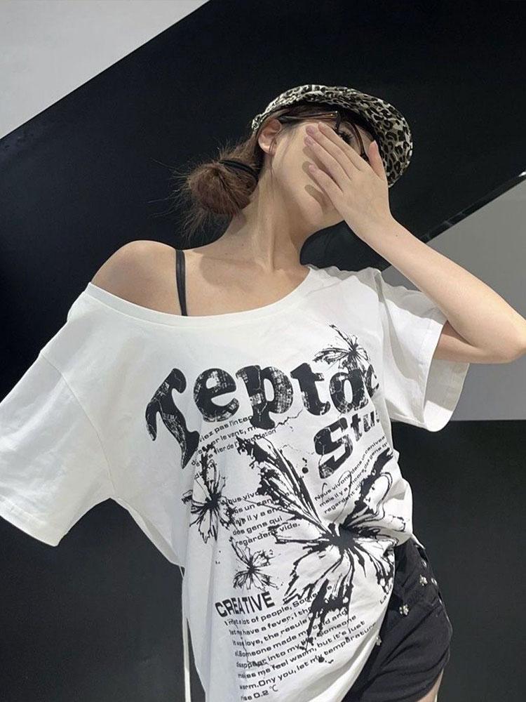 T-shirt Bianca Y2k Vintage Oversize Scollo a Barca Manica Corta Con Stampa Donna Casual Grafica Top Estivo Farfalla T-shirt