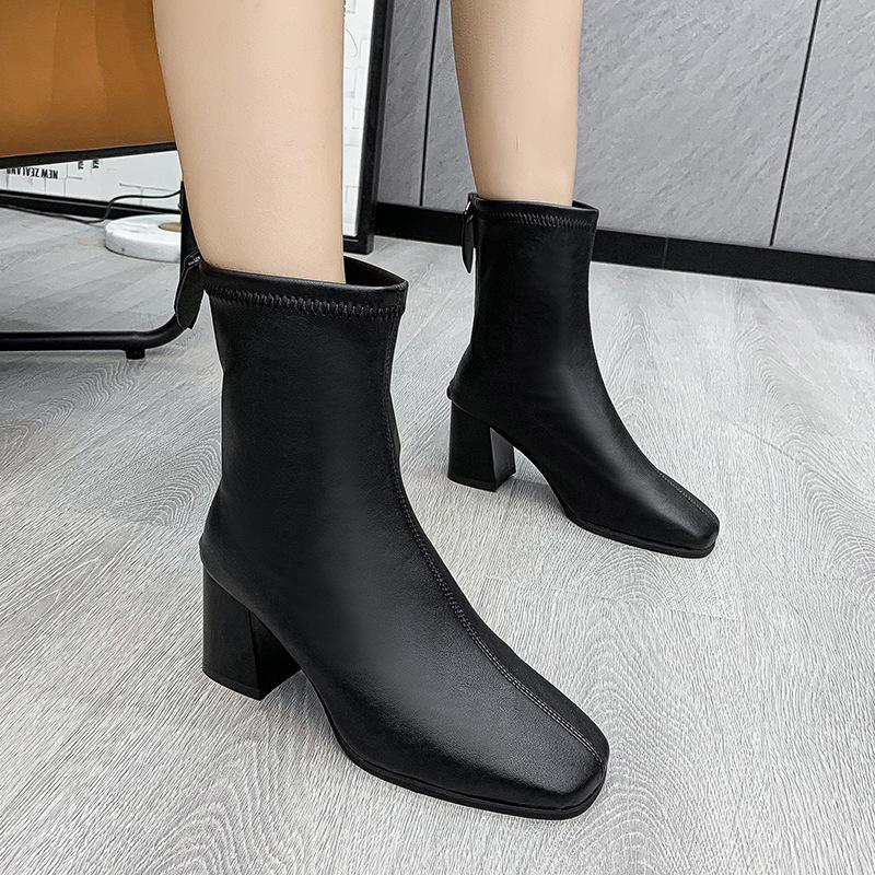 2026 autumn new high-heeled large-size short boots women's thick-heeled spring and autumn single boots British style square-head Martin boots