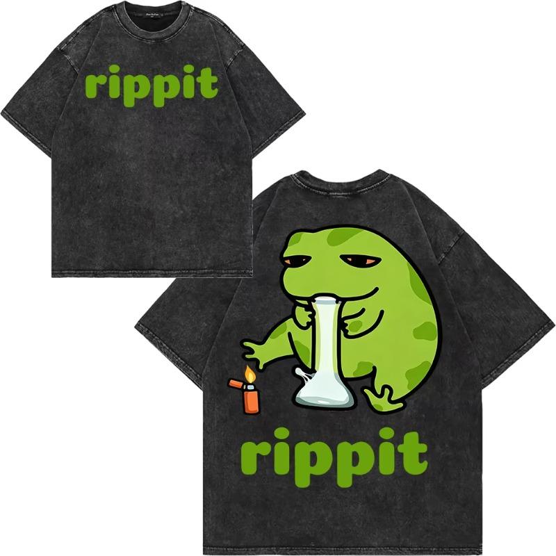 100% Cotton Vintage Washed Y2K Funny Rippit T Shirt Fashion Men/Women Aesthetic Retro Frog Oversize Loose Wash Tees Shirts