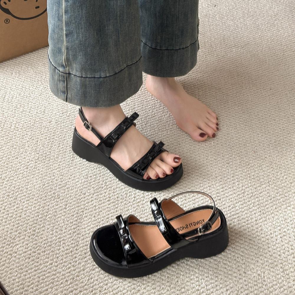 2025 Sandals Bow Shoes Clogs With Heel Open Toe Increasing Height New Retro Thick Summer Girls Peep Gladiator Scandals Rome