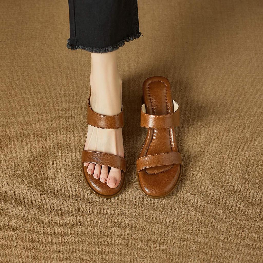 Krazing Pot Mules Cow Skin Thick Heels Peep Toe Street Wear Summer Size 42 Concise Style Elegant Women Sandals