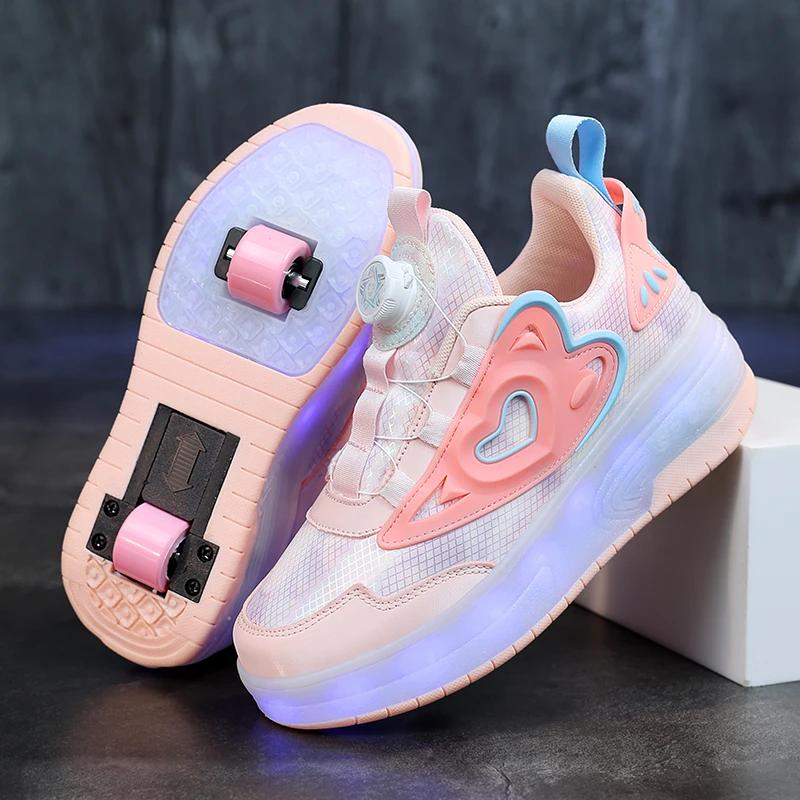 Dzieci Dwie Dziewczynki Kółka Świecące Luminous Sneakersy Obcasy Różowe Światło Led Buty Wrotki Dziecięce Buty Led Ładowanie USB Moda