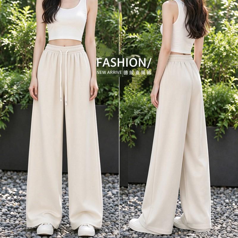 Womens High-Waisted Wide Leg Pants Soft Fleece-Like Knit Relaxed Fit Casual Trousers Winter 2026