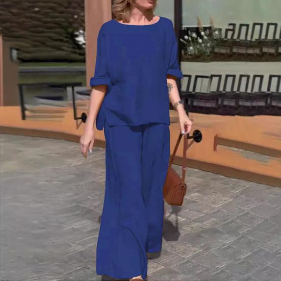 2Pcs/Set Women Casual Outfit O-neck Long Sleeve Tops Elastic Waist Wide Leg Long Pants Set Solid Color Loungewear