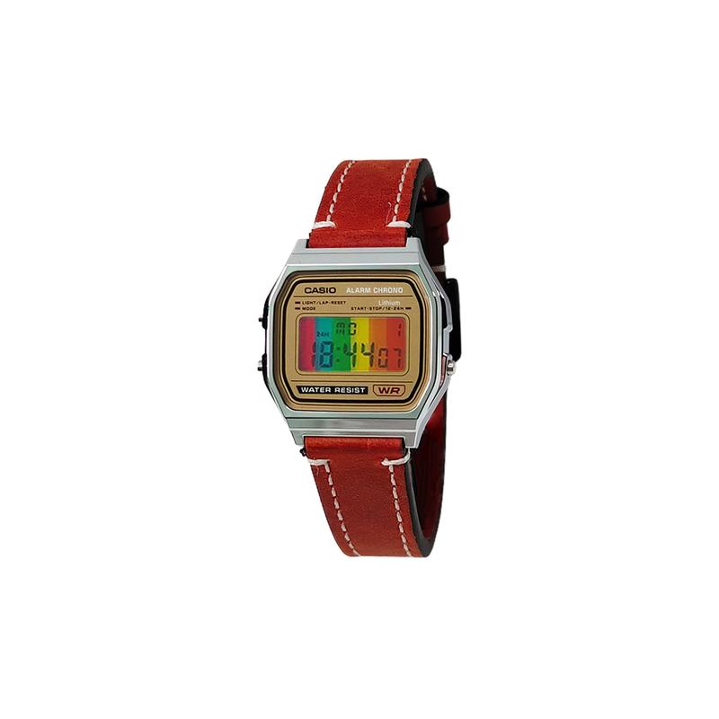 Casio Customized Watch Modified Series Silver Resin Case Red Electronic Movement Leather Strap Men's Watch Gold Dial A158WEA-CaiHongShuWenBiaoJing