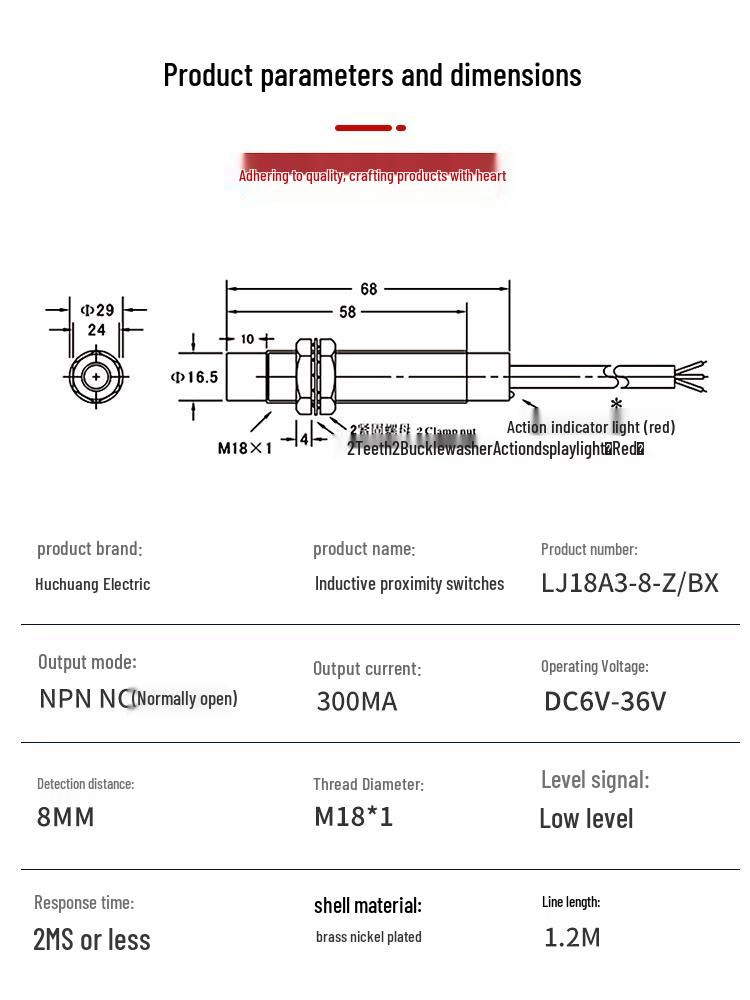 M18 Metal Sensor Proximity Switch - LJ18A3 Series, NPN, Normally Open, Three-wire