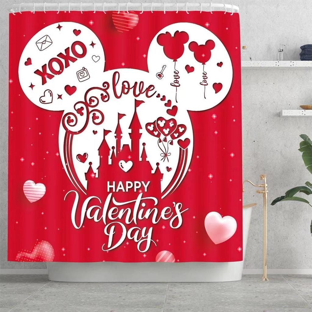 Valentines Day Shower Curtain,Valentine Decor Red Mouse Valentine Shower Curtain Waterproof Cartoon Love Fabric Valentines Bathroom Curtain with