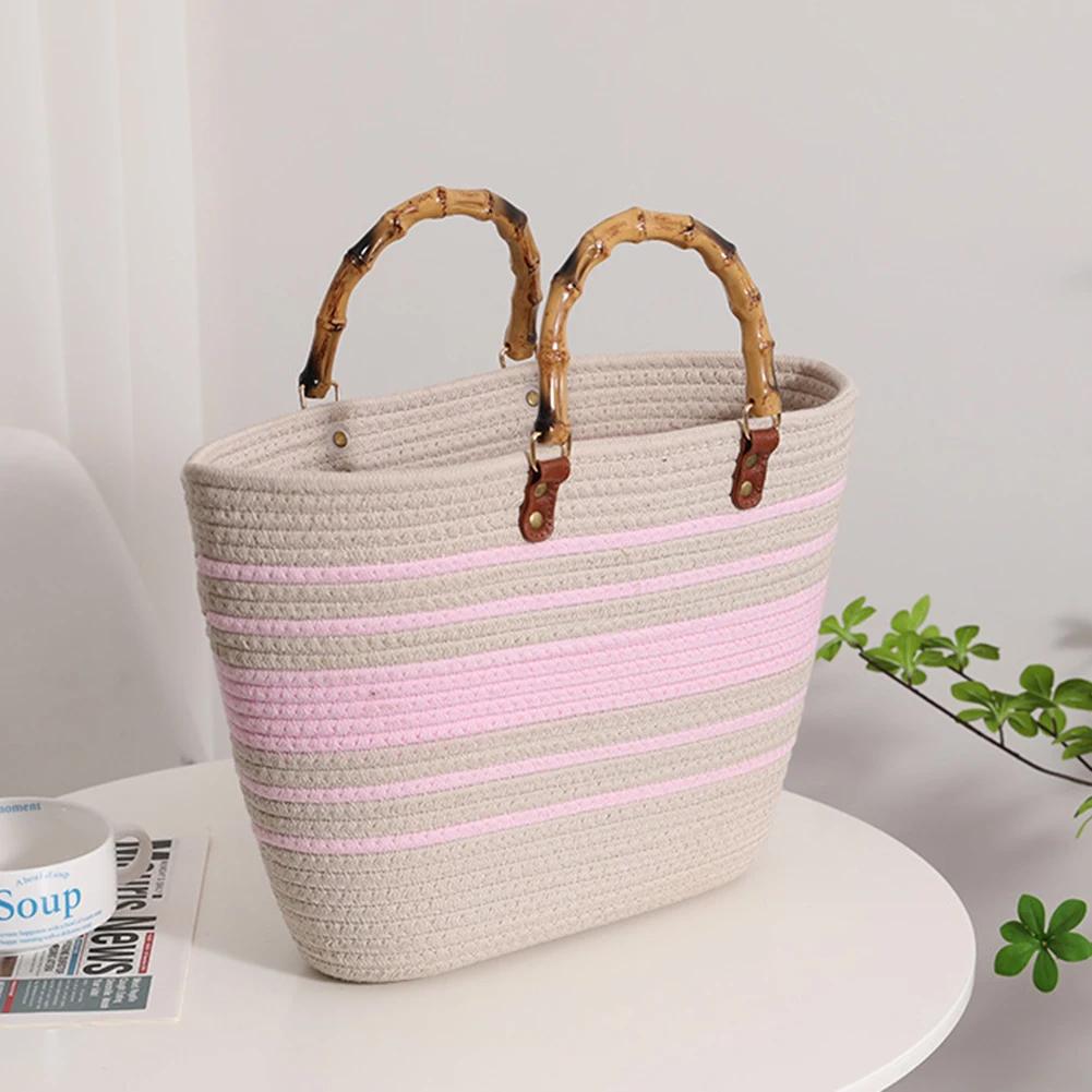 Cotton Woven Handbags Bamboo Handle Tote Summer Striped Hand-Woven Top-handle Bags Large Capacity Women's Bags Weaving Beach Bag