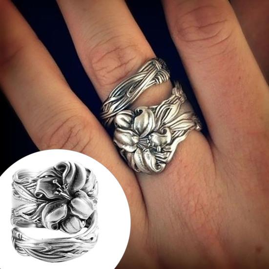 Adjustable All-matched Silver Color Women Ring Handmade Carved Flower Opening Ring Jewelry Accessaries