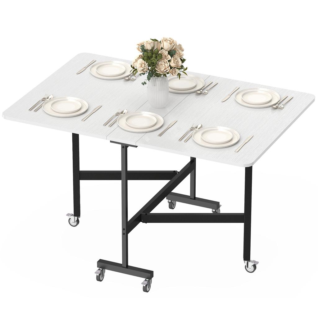 Mobile Folding Table with 6 Casters and Brakes, Foldable Kitchen/dining Table for Small Spaces, White