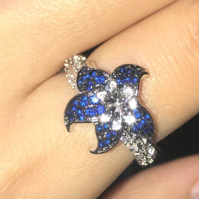 Shiny Blue Flower Zircon Ring For Women Engagement Wedding Ring