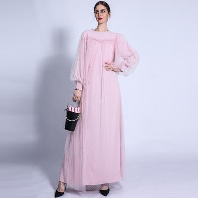 Damenkleidung Unifarben Pünktchen Netz Laternenärmel Locker Langarm Muslimisches Kleid