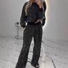 Women's Starry Sky Long-Sleeve Round Neck Loose Top & Drawstring Wide-Leg Pants Set for Autumn/Winter