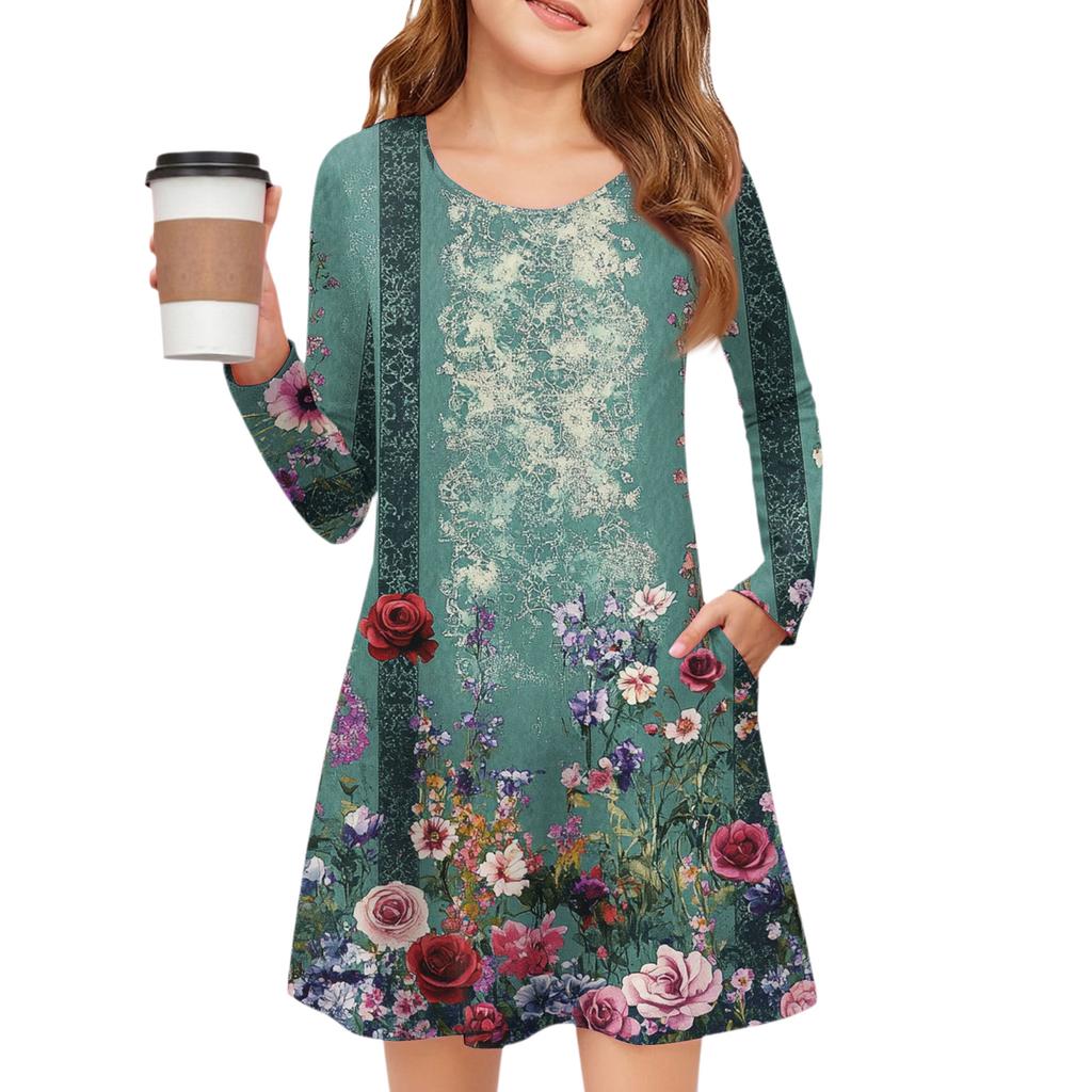Girls' Long Sleeve Dress - Color Pocket Dress
