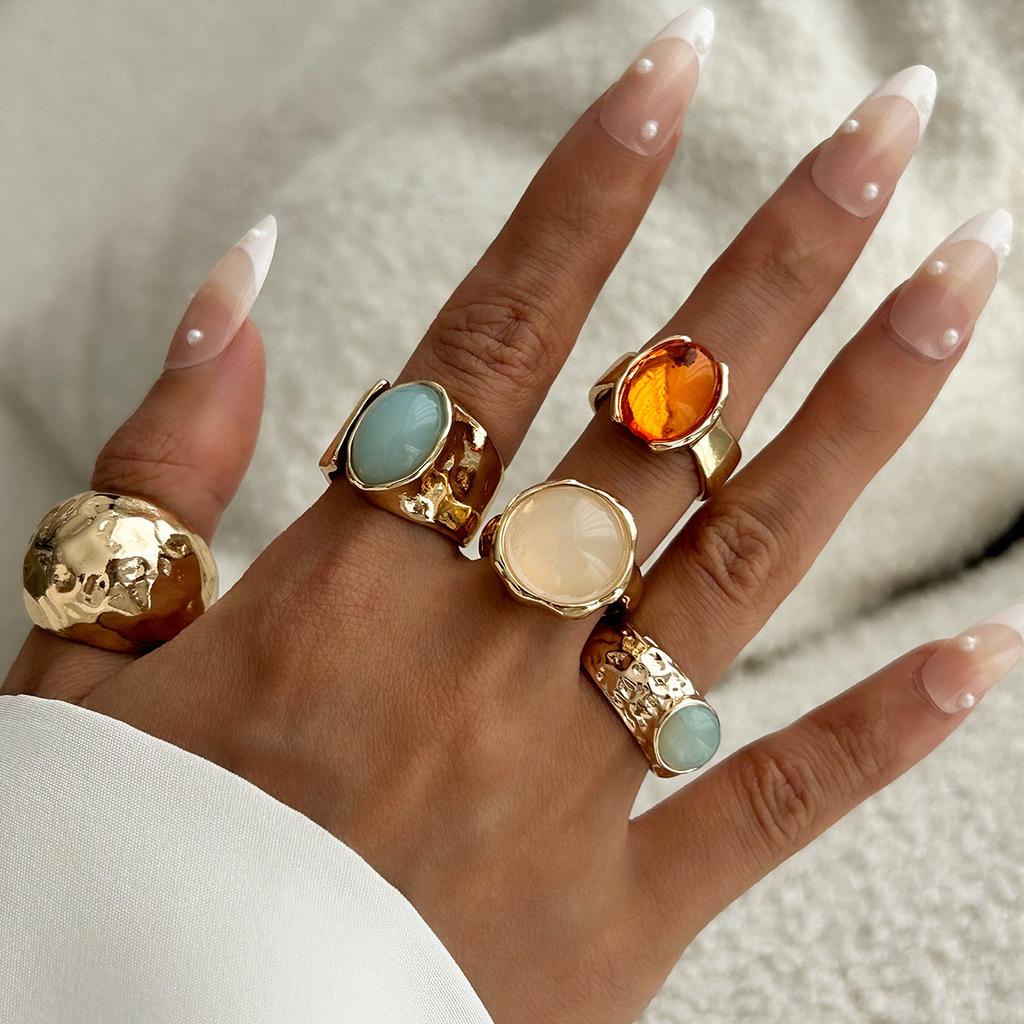 Mix and Match Stacked Gemstone Ring Set for Women, Retro Niche Percussion Open Ring Jewelry.
