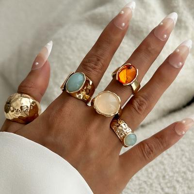 Stacked Gem Ring Set For Women, Vintage Metal Percussion Open Wide Ring Jewelry
