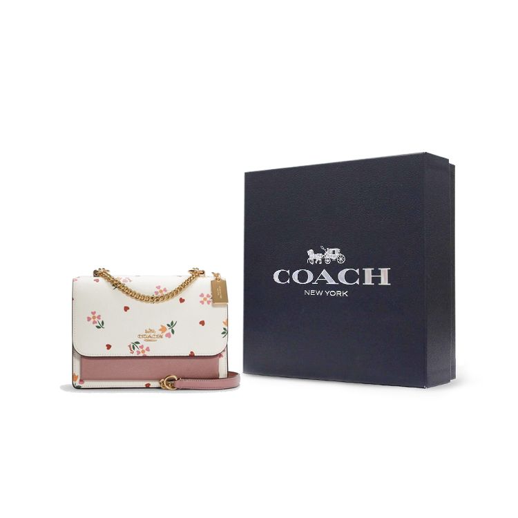 Coach Klare 22 Heart Flower Print Flap Chain Coated Canvas And Leather Accordion Shoulder Crossbody Bag Small Women Bags Pink White C7596-IMCAH