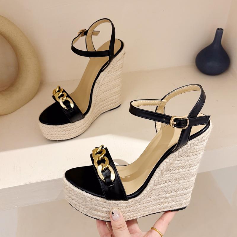 

2025 Лето Открытый Носок CHAIN Solid Platform Wedges Женские Босоножки Модные Туфли На Высоком Каблуке С Открытым Носком и Толстой Подошвой 35 чёрный