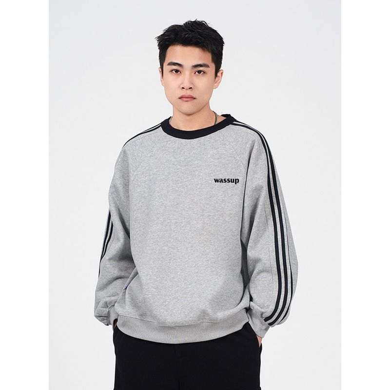 Wassup Sports Retro Three-Stripe Letter Sweatshirt for Men, New Autumn and Winter American Casual Loose Round-Neck Top