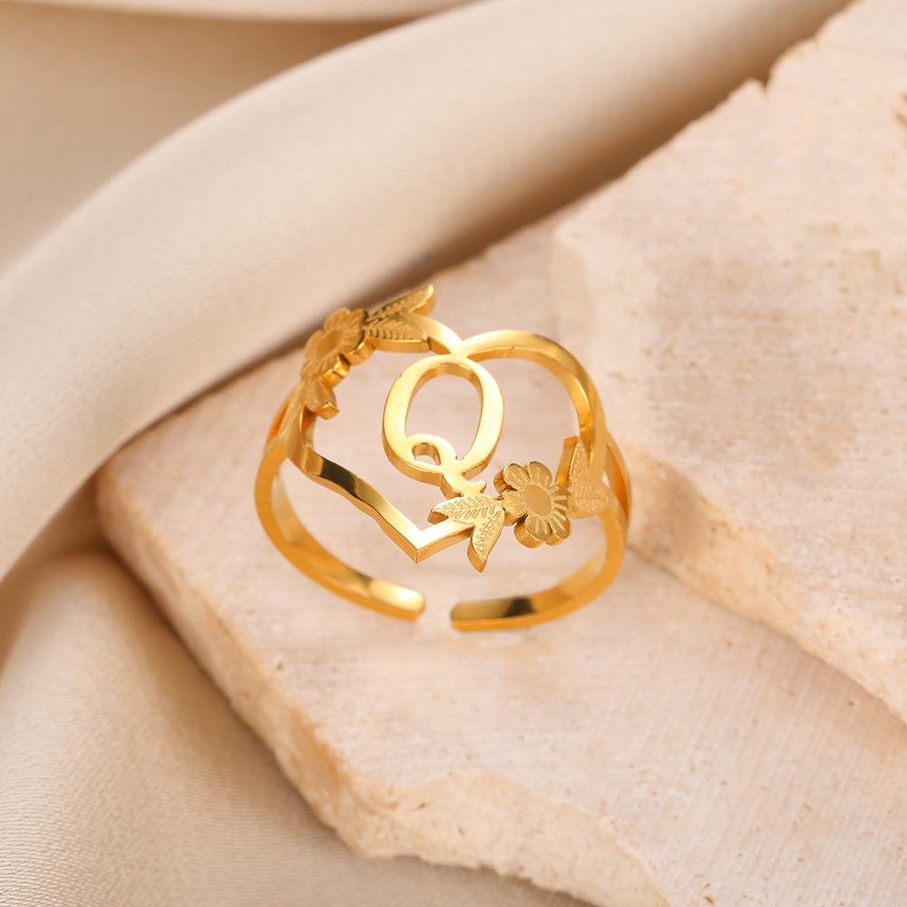 Stainless Steel Initials Flower Heart Rings Gold Color Adjustable Delicate Letter Leaf Rings For Women Girl Alphabet Jewelry KTJ