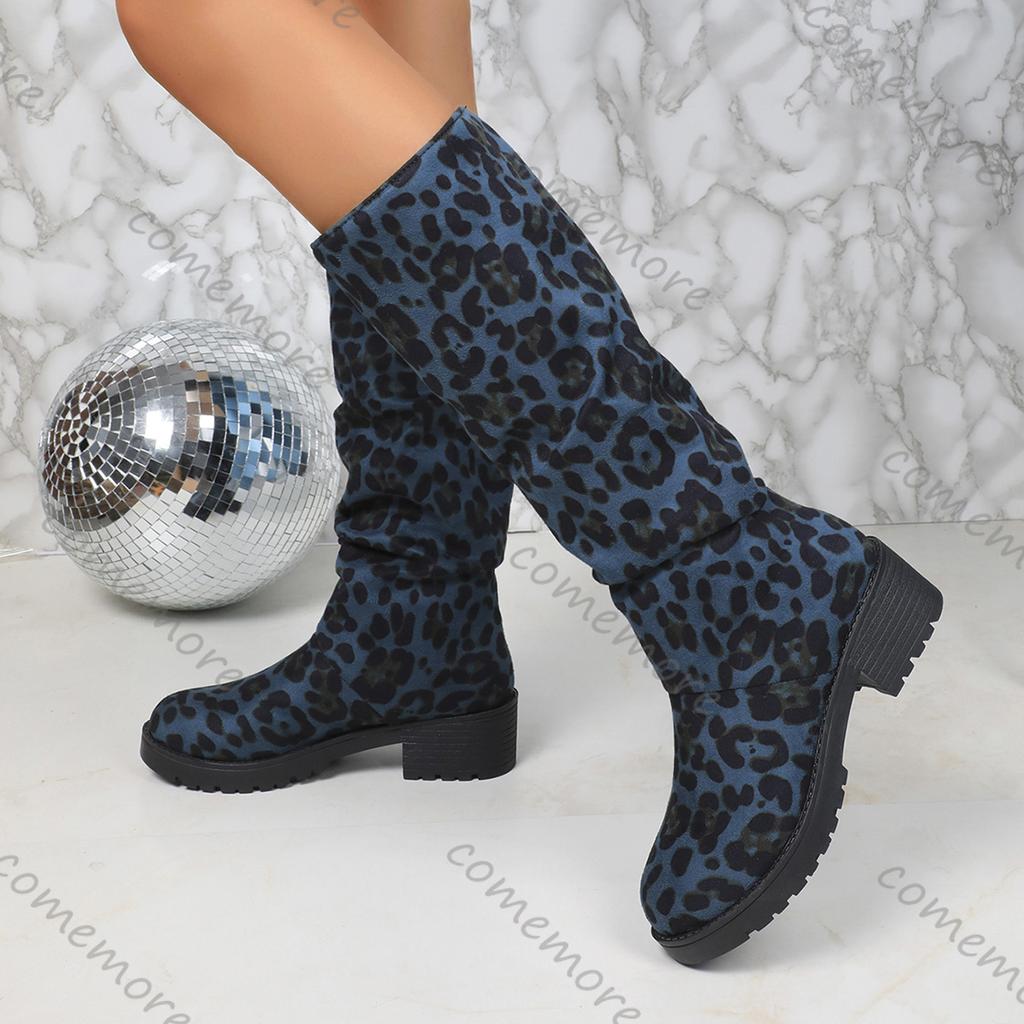 Comemore Boots for Women Leopard Suede Thick Middle Heel Folded Stacked Mid-calf Boots Round Toe Slip-On Botas Shoes