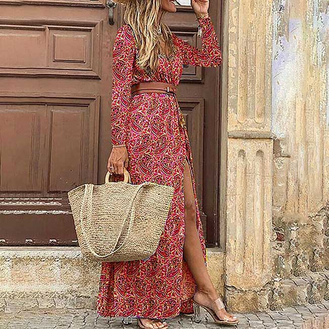 

Женское летнее повседневное платье в стиле бохо с цветочным принтом и рюшами и пышными рукавами, пляжные платья миди с высокой талией XXXL красный