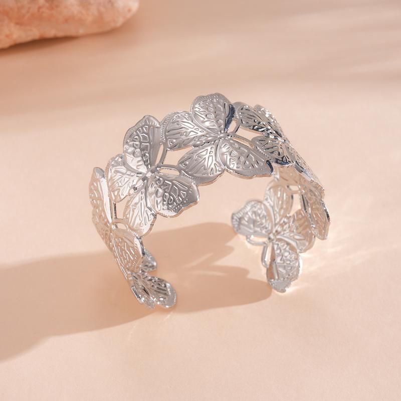 Vintage Ginkgo Leaf Butterfly Open Cuff Bangle Gold Silver Wide Statement Bracelet For Women Boho Party Jewelry