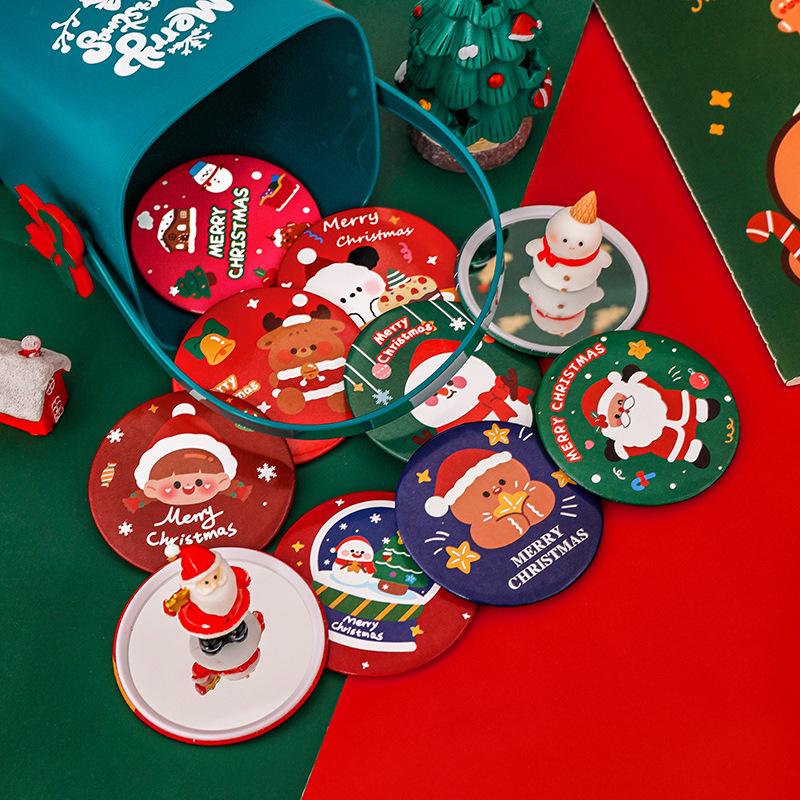 Cartoon Christmas Cute Mini Round Makeup Mirror - Portable Creative Holiday Gift