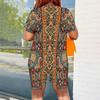Women Plus Size Green Printed Round Neck Short Sleeve Top Fitted Shorts Two Piece Set