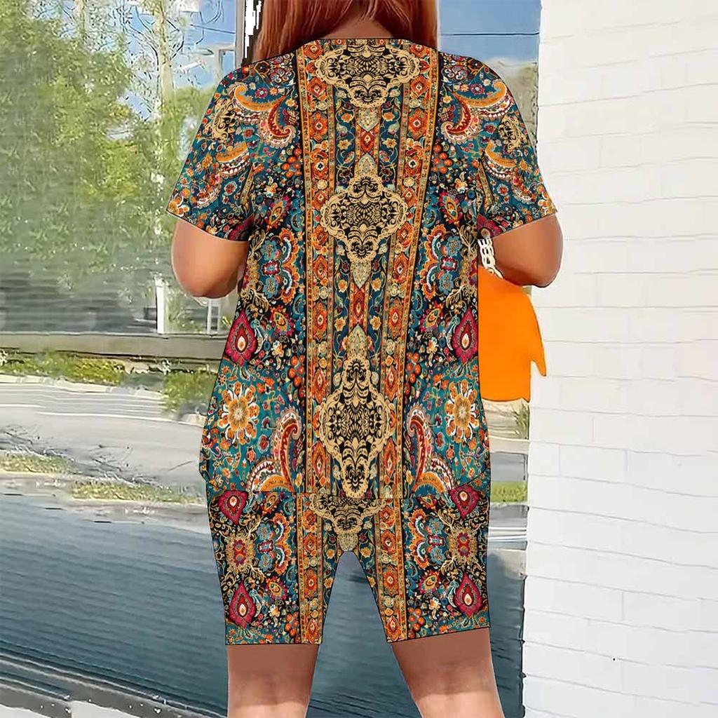 Women Plus Size Green Printed Round Neck Short Sleeve Top Fitted Shorts Two Piece Set