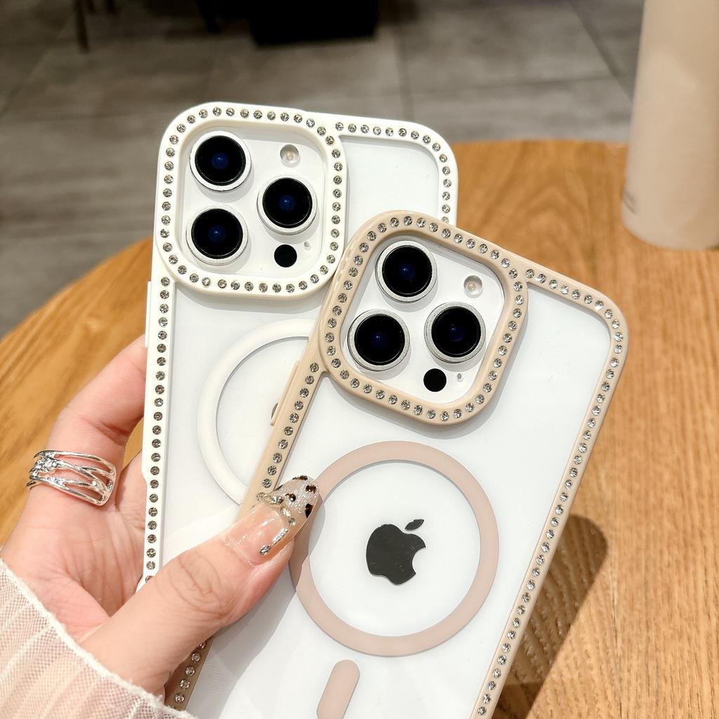 Applicable To IPhone15 Transparent Groove Anti-fall Mobile Phone Case Apple 16 ProMax Candy Rhinestone Magnetic Protective Case